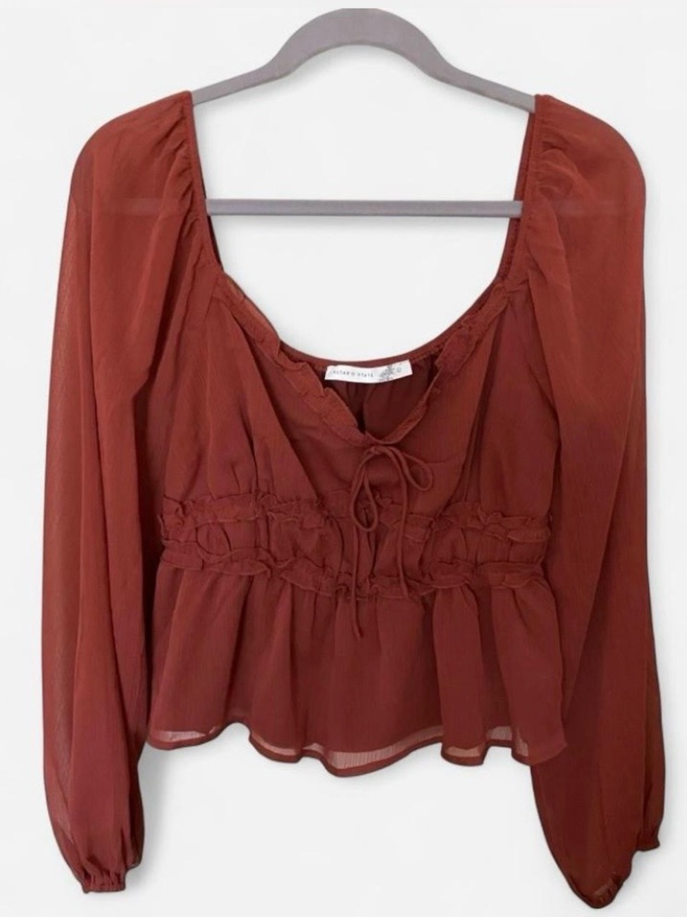 Alter’d State Rust Red Sheer Peasant Blouse Balloon Sleeves Tie Front Women’s L
